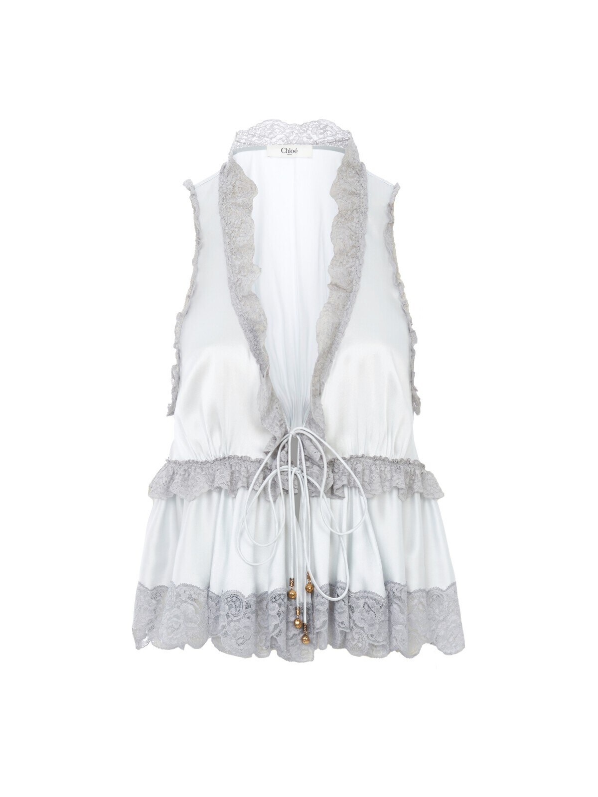 Chloé Tie-front sleeveless top in washed silk satin & lace