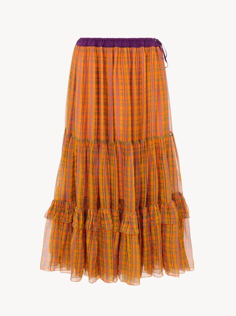 Ruffled long skirt in check silk mousseline