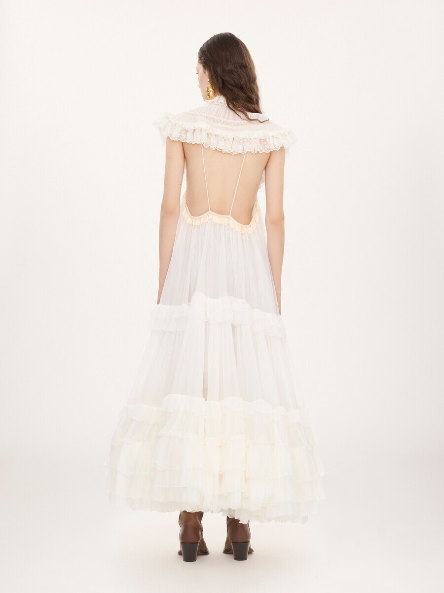 Tie-front ruffled long dress in silk mousseline & lace - 6