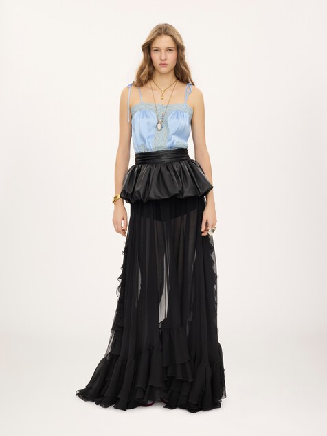Drawstring camisole top in washed silk satin & lace