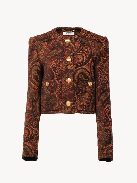 Boxy collarless jacket in tapestry jacquard