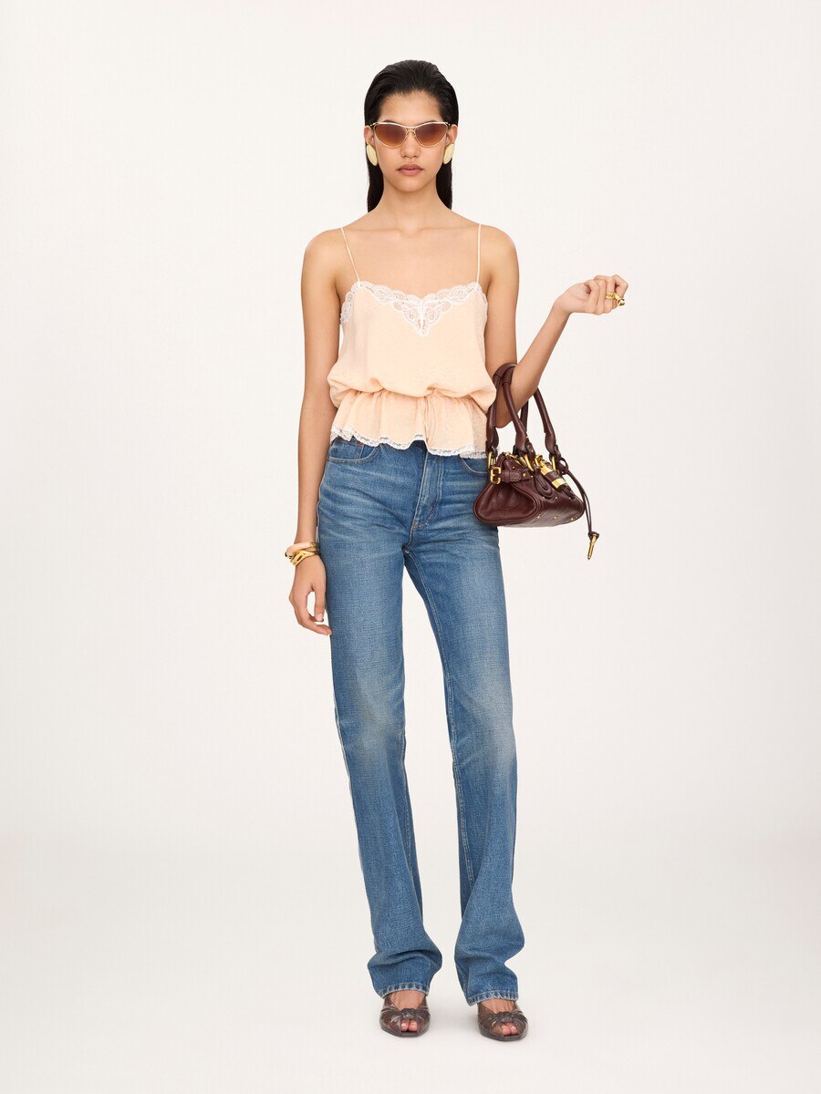Drawstring camisole top in silk jacquard & lace - 3