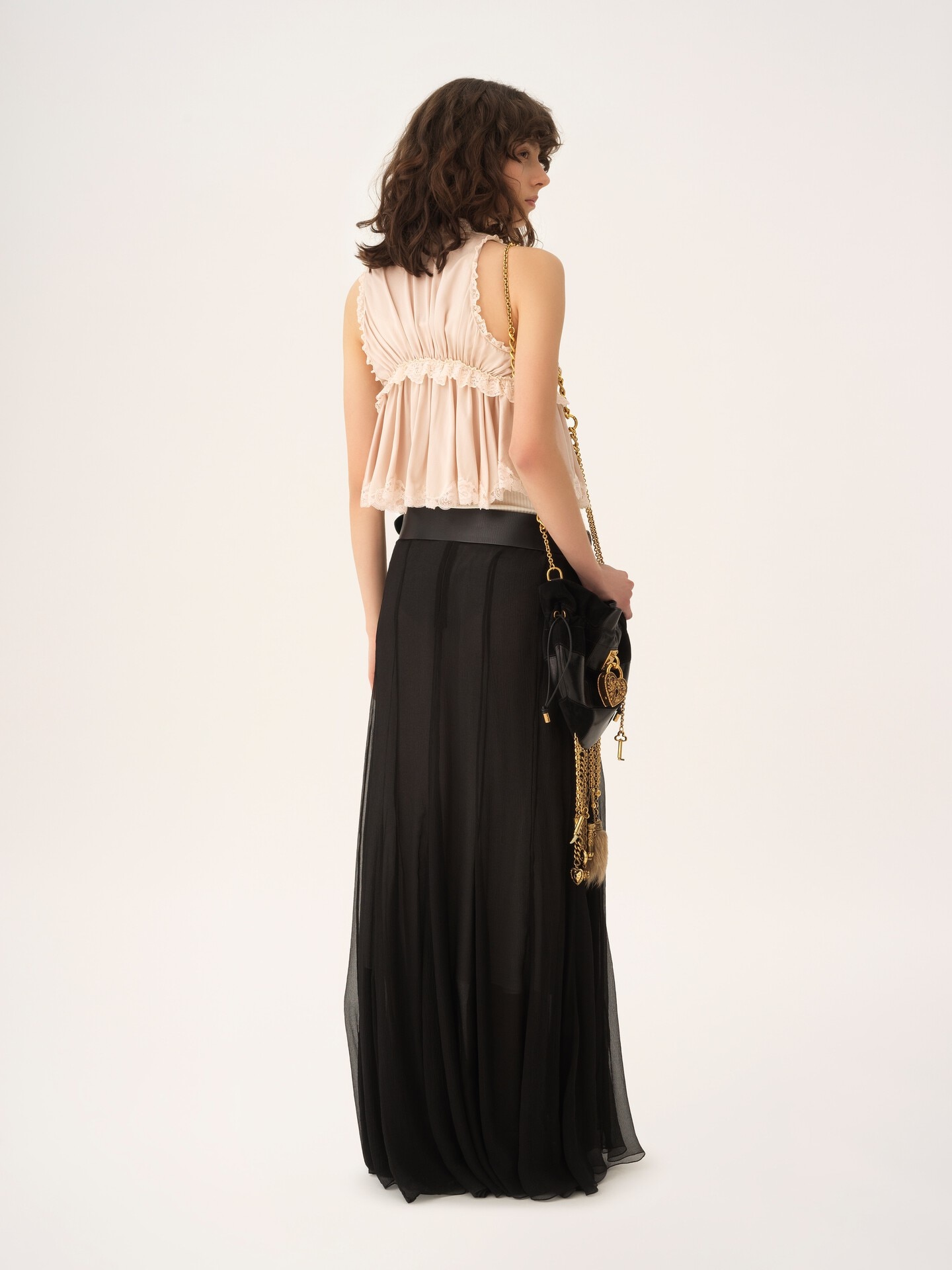 Tie-front sleeveless top in washed silk satin & lace - 5