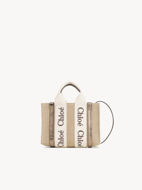 Mini Woody tote bag in linen & leather