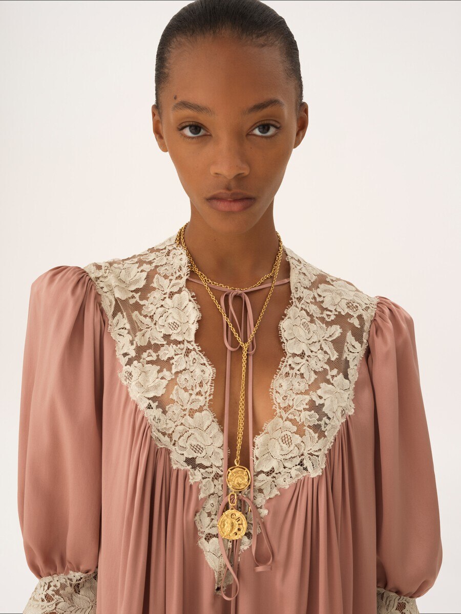 Gathered V-neck mini dress in washed silk satin & lace - 5