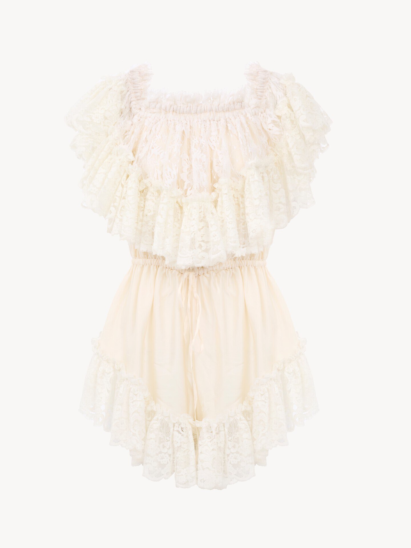 Off-the-shoulder mini jumpsuit in washed silk satin & lace White