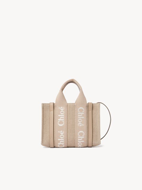Mini Woody tote bag in linen & leather