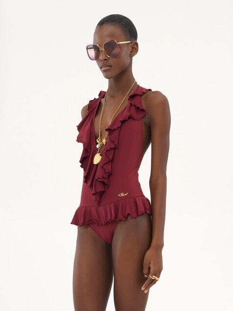 Ruffled V-neck one-piece swimsuit