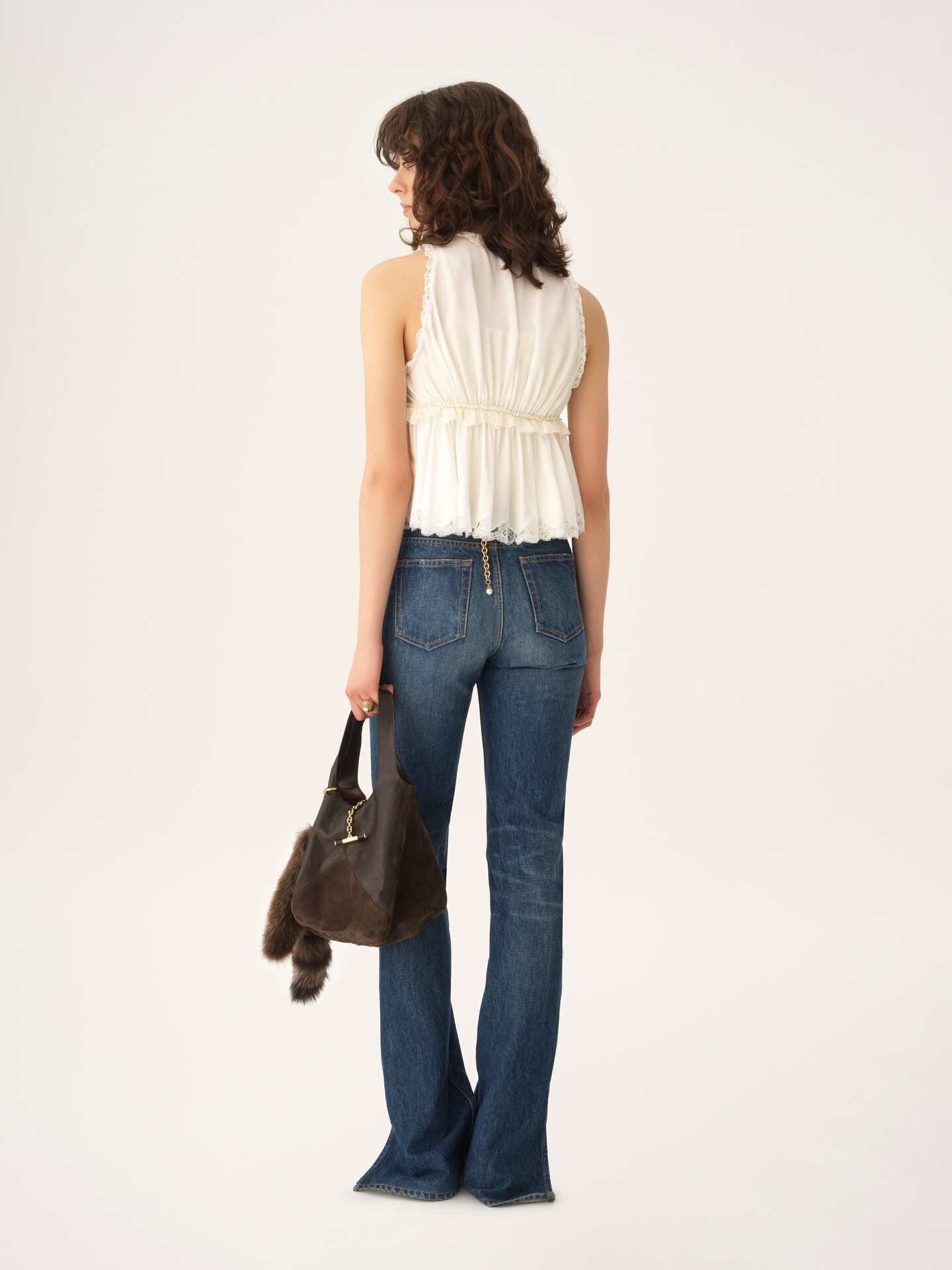 Tie-front sleeveless top in washed silk satin & lace - 5