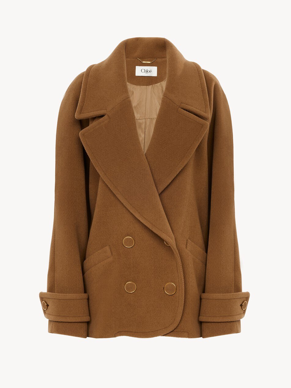 Double-breasted short coat in herringbone wool