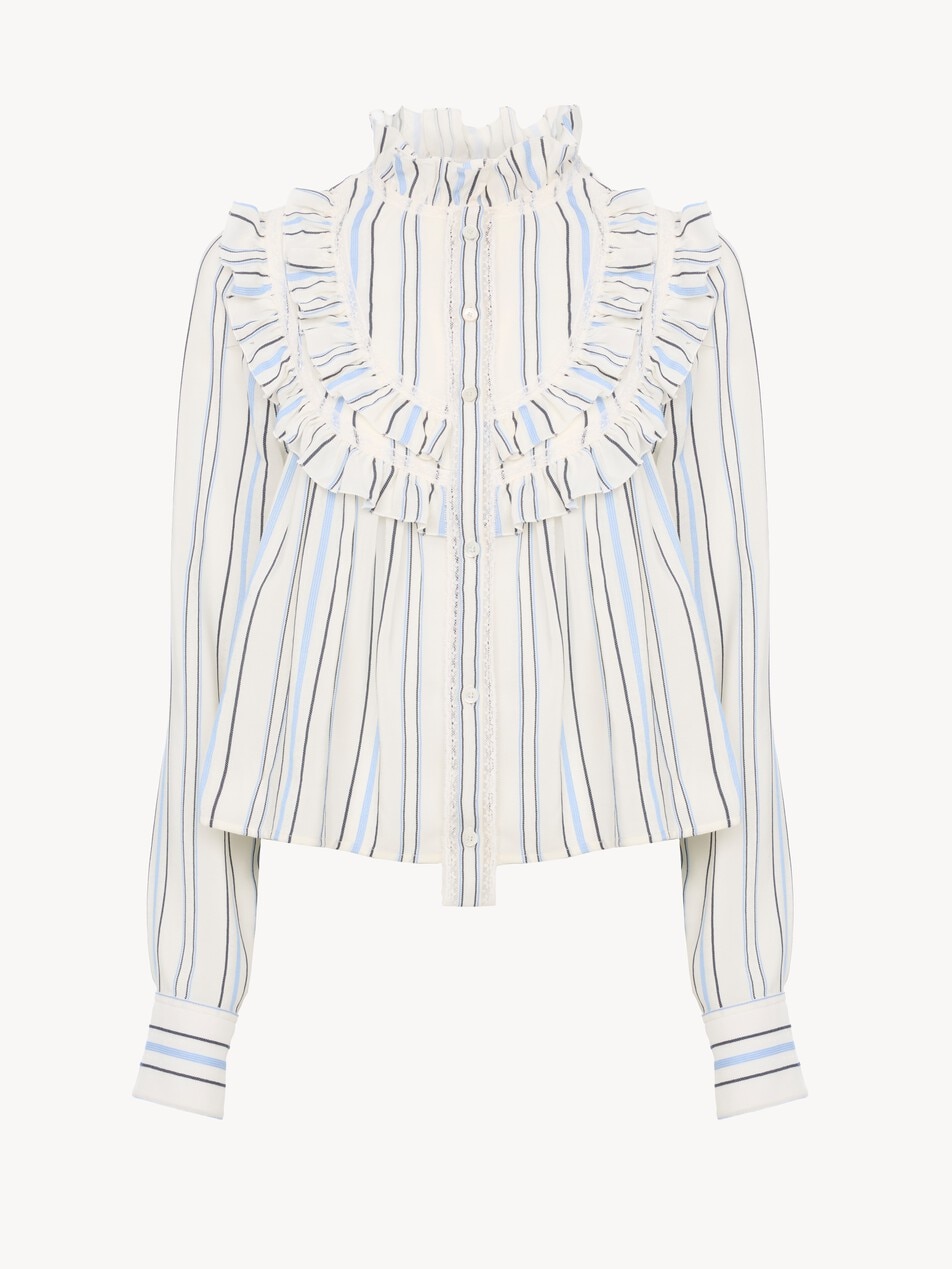 Ruffled blouse in silk jacquard & lace