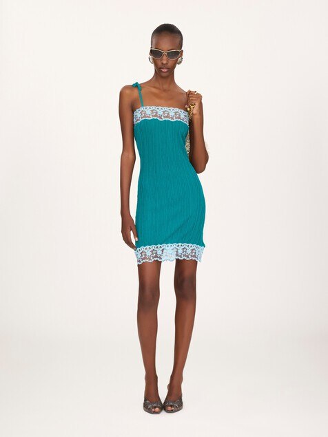 Sleeveless fitted mini dress in a wool knit & lace