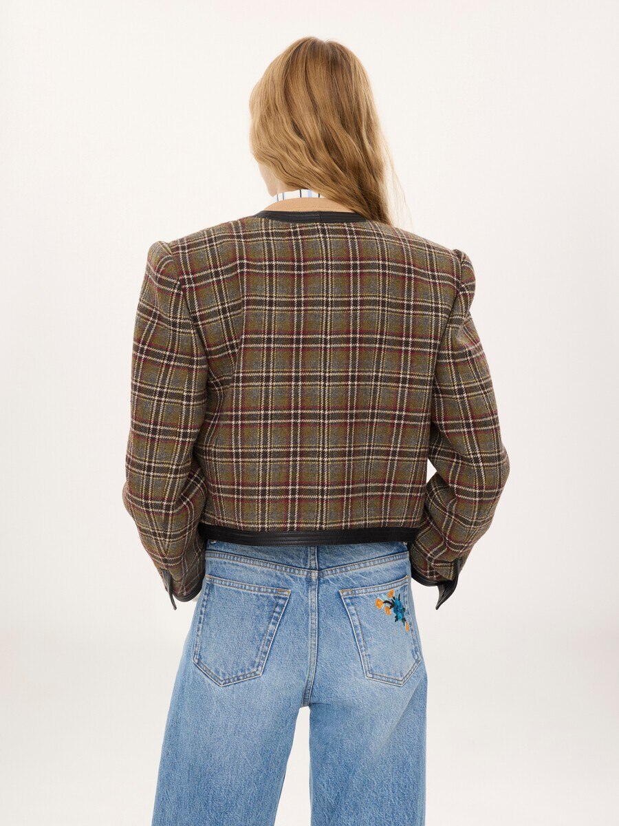 Veste courte droite sans col en laine &agrave; carreaux - 6