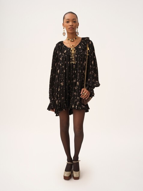 Gathered long-sleeve mini dress in silk charmeuse