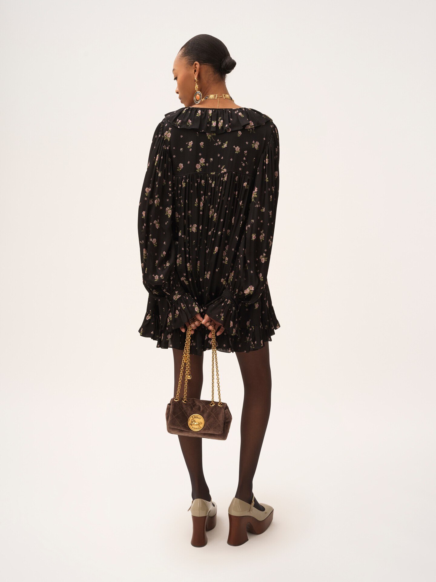 Gathered long-sleeve mini dress in silk charmeuse - 4