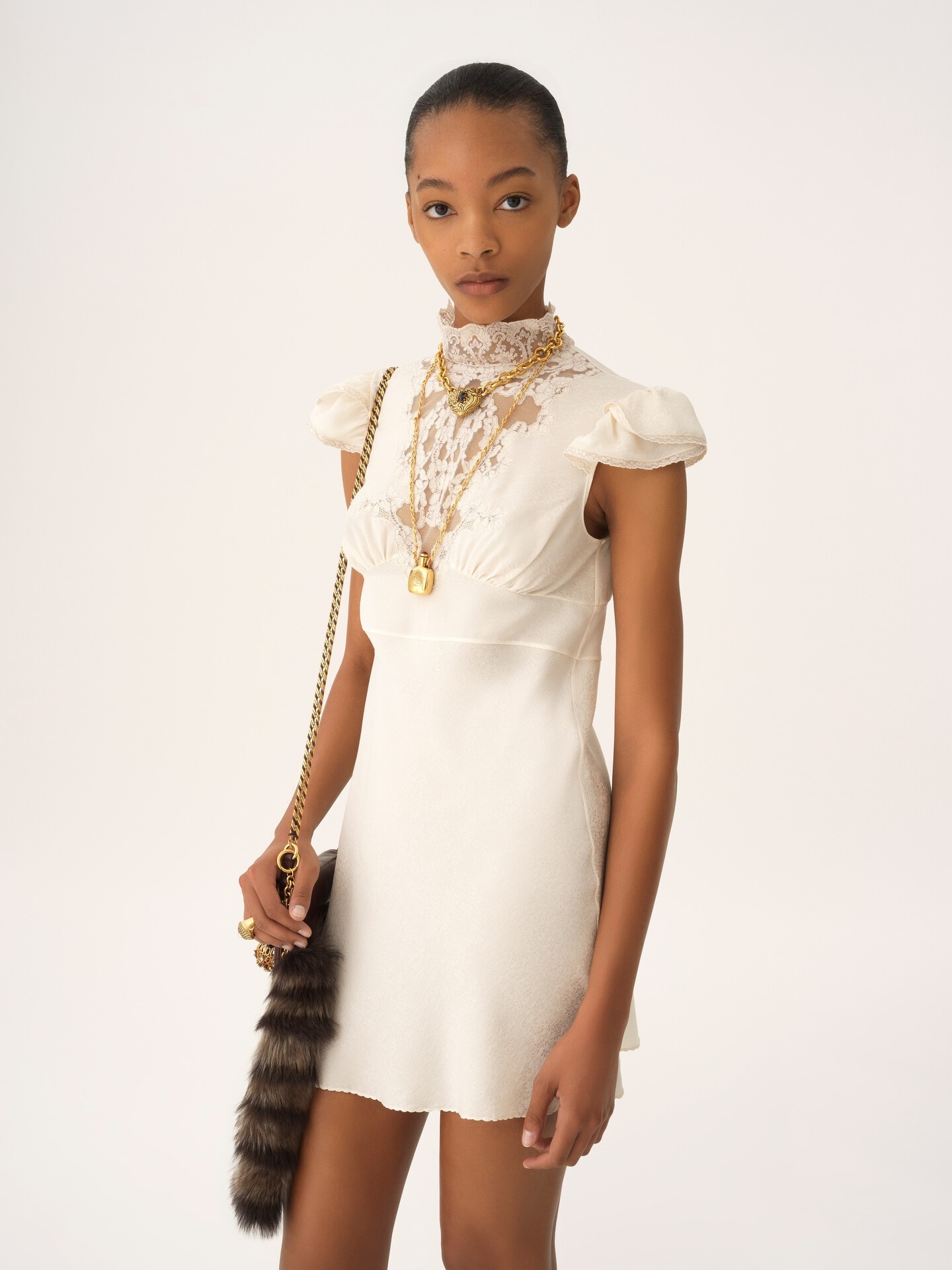 Mini robe col montant en soie jacquard et dentelle - 4