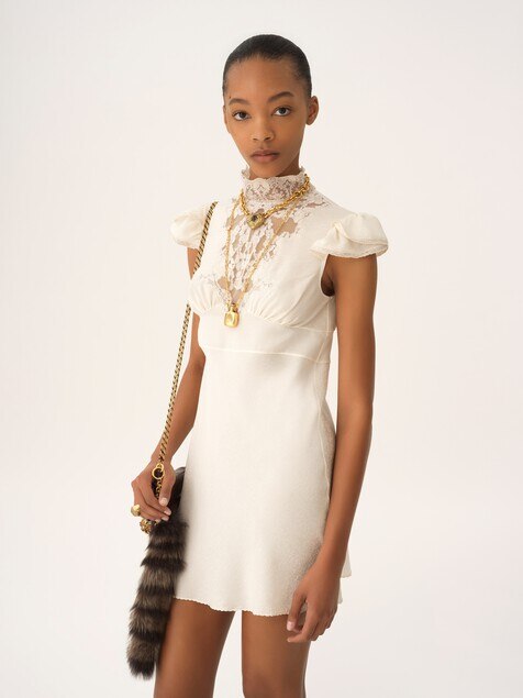 Hochgeschlossenes Minikleid aus Seidenjacquard und Spitze