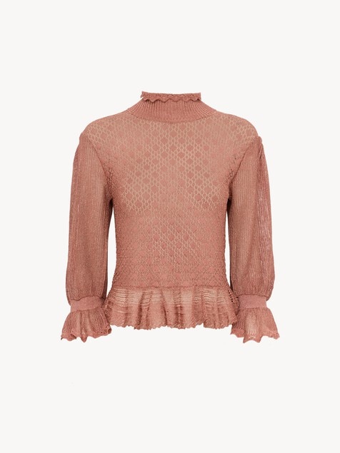 Pullover con volant e maniche a sbuffo in maglia di lurex