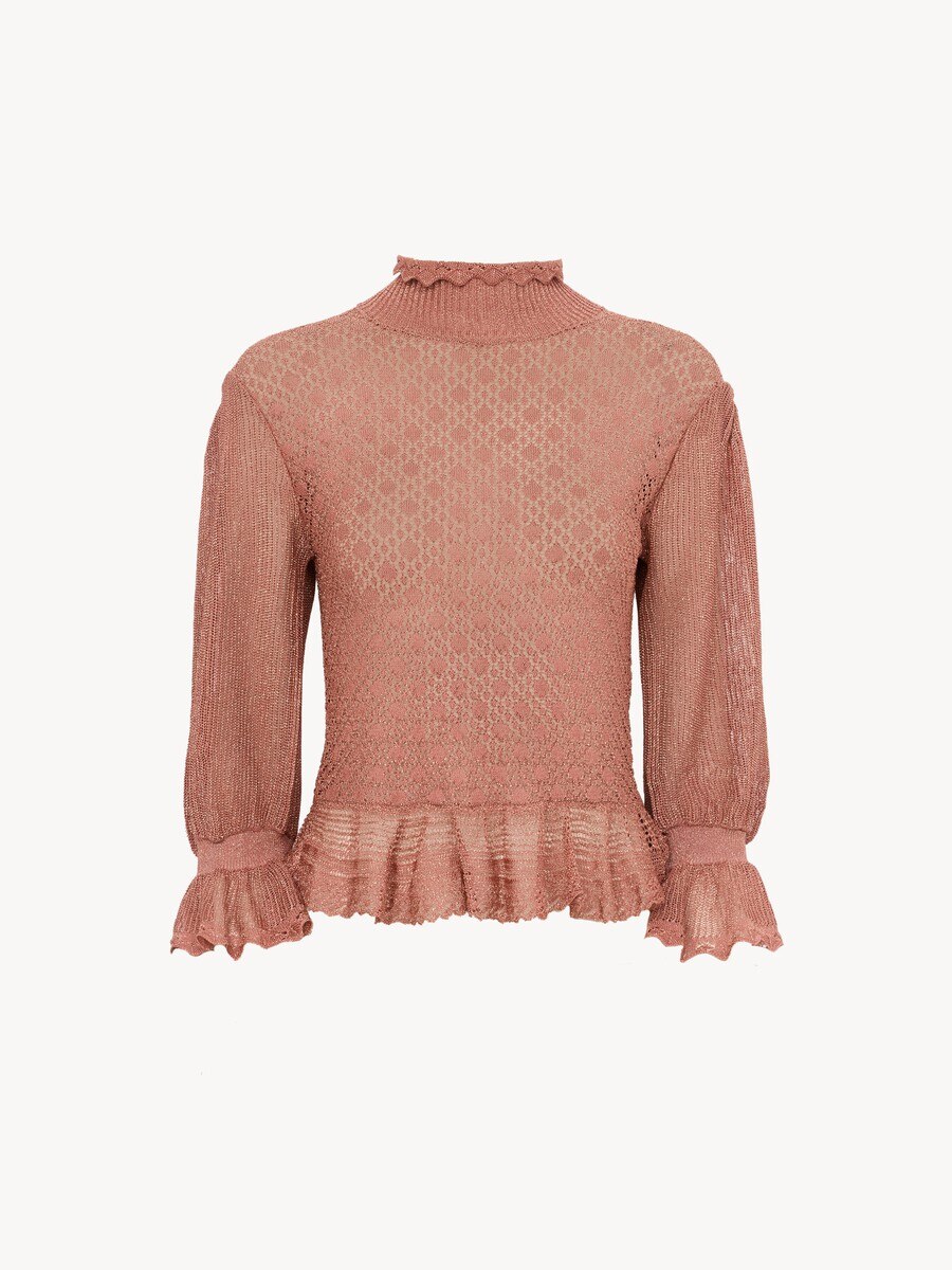Pullover con volant e maniche a sbuffo in maglia di lurex - 2