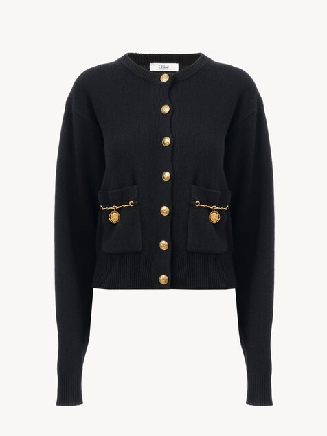 Cardigan en maille de laine m&eacute;rinos et cachemire &agrave; m&eacute;daillons cheval