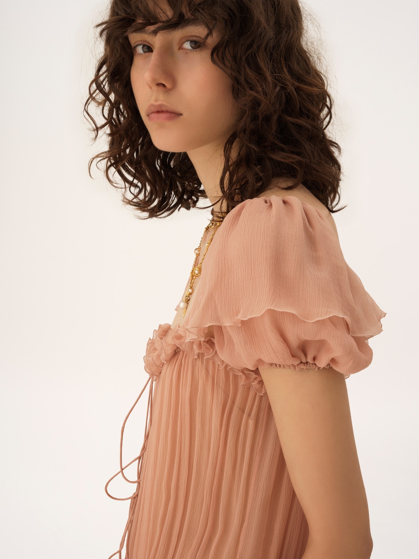 Gathered long ruffled dress in silk mousseline - 8
