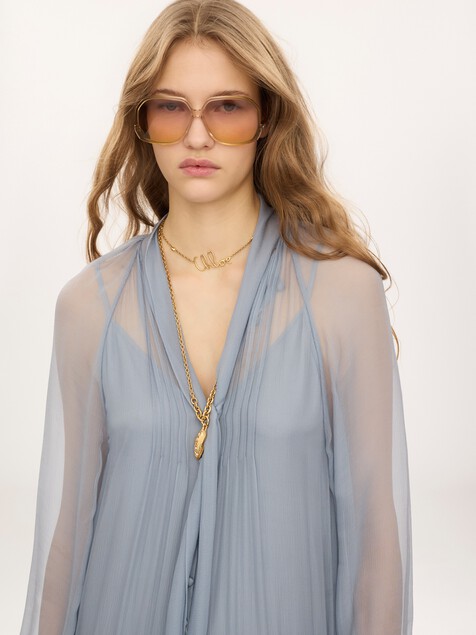 Fluid lavalli&egrave;re long dress in silk mousseline