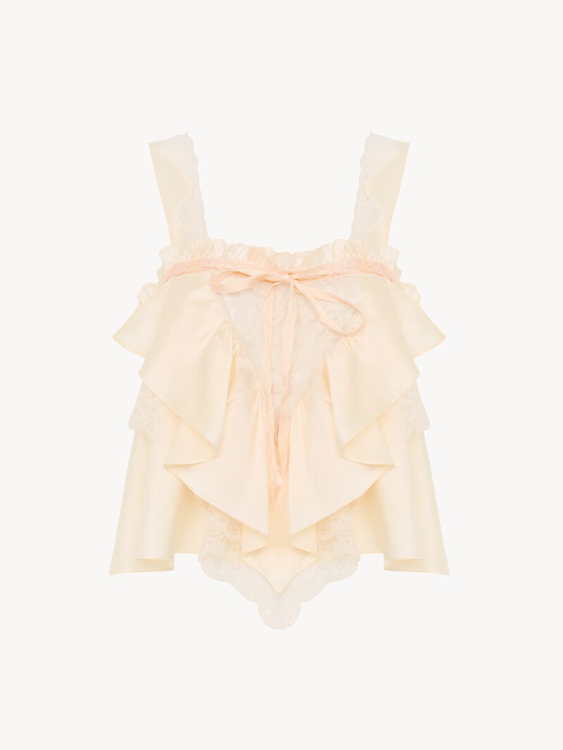 Sleeveless ruffle top in washed silk satin & lace by Chloé