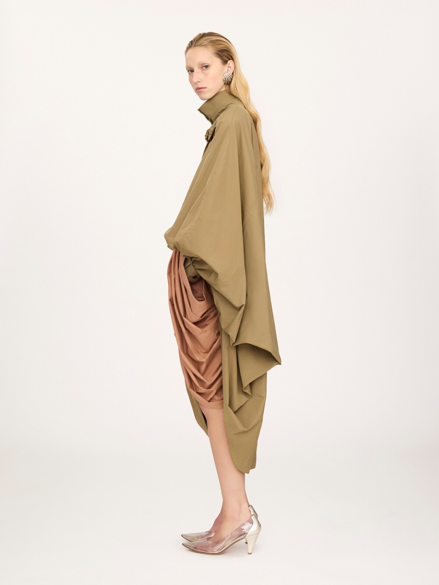 High-neck oversized cape coat in cotton poplin - 3.0
