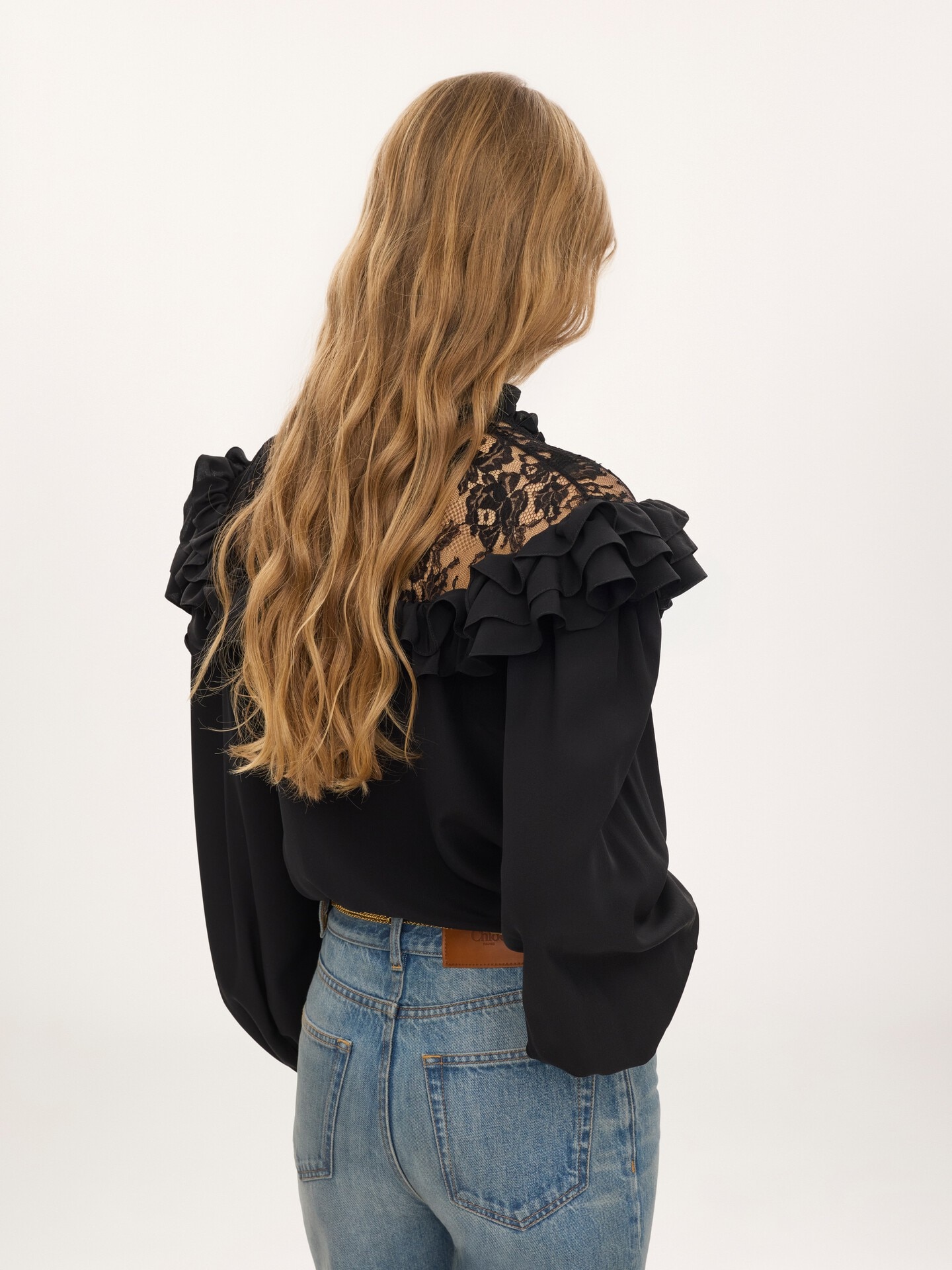 High-neck ruffled blouse in cr&ecirc;pe de chine & lace - 4.0