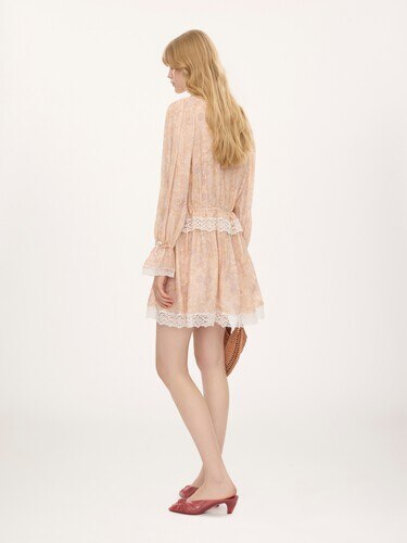 Puff-sleeve mini dress in silk charmeuse & lace - 5