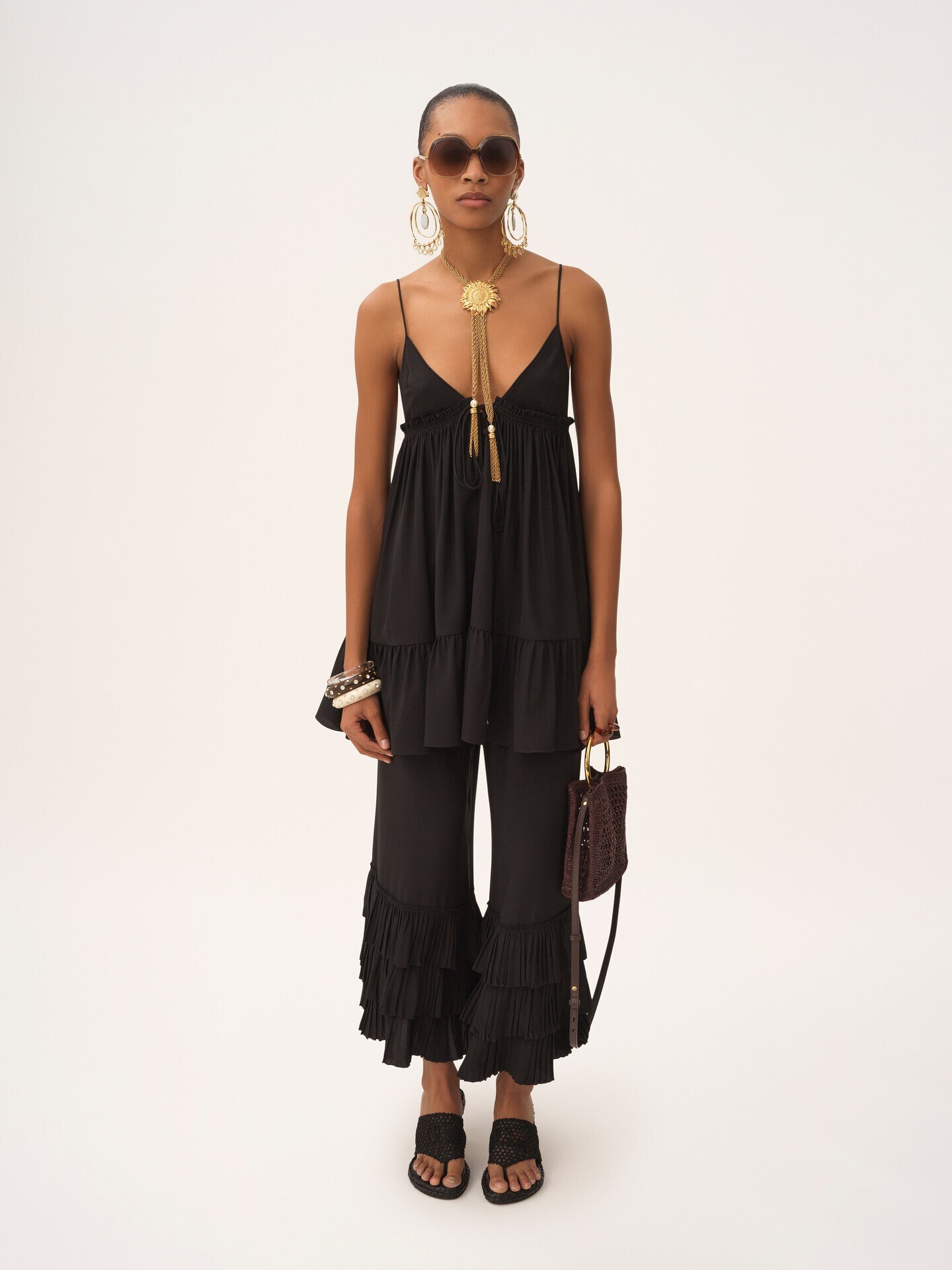 Thin-strap gathered mini dress in cr&ecirc;pe de chine - 3