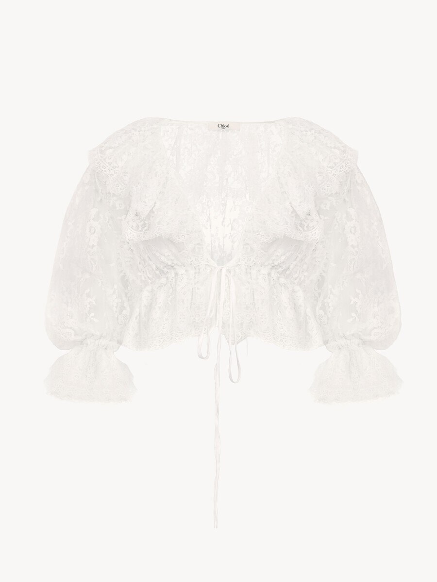 Cropped V-neck ruffle top in lace - 2