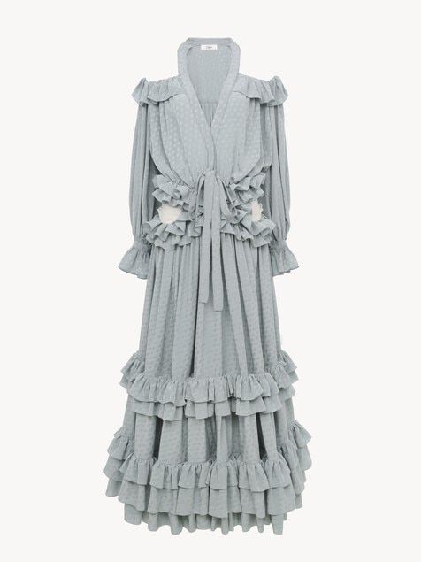 Long cut-out ruffled dress in silk jacquard