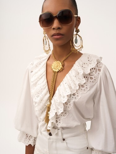 Puff-sleeve V-neck top in cotton voile - 7