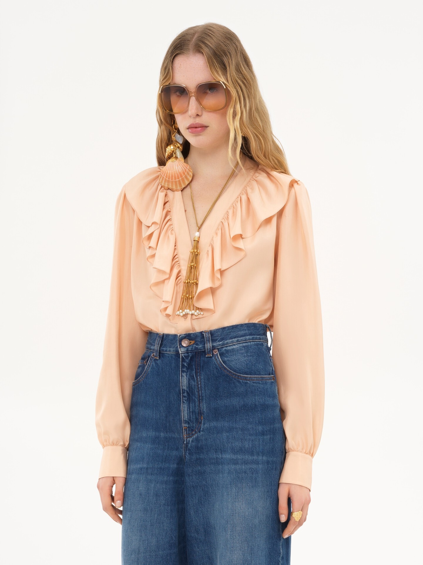 V-neck ruffled blouse in silk habotai - 4