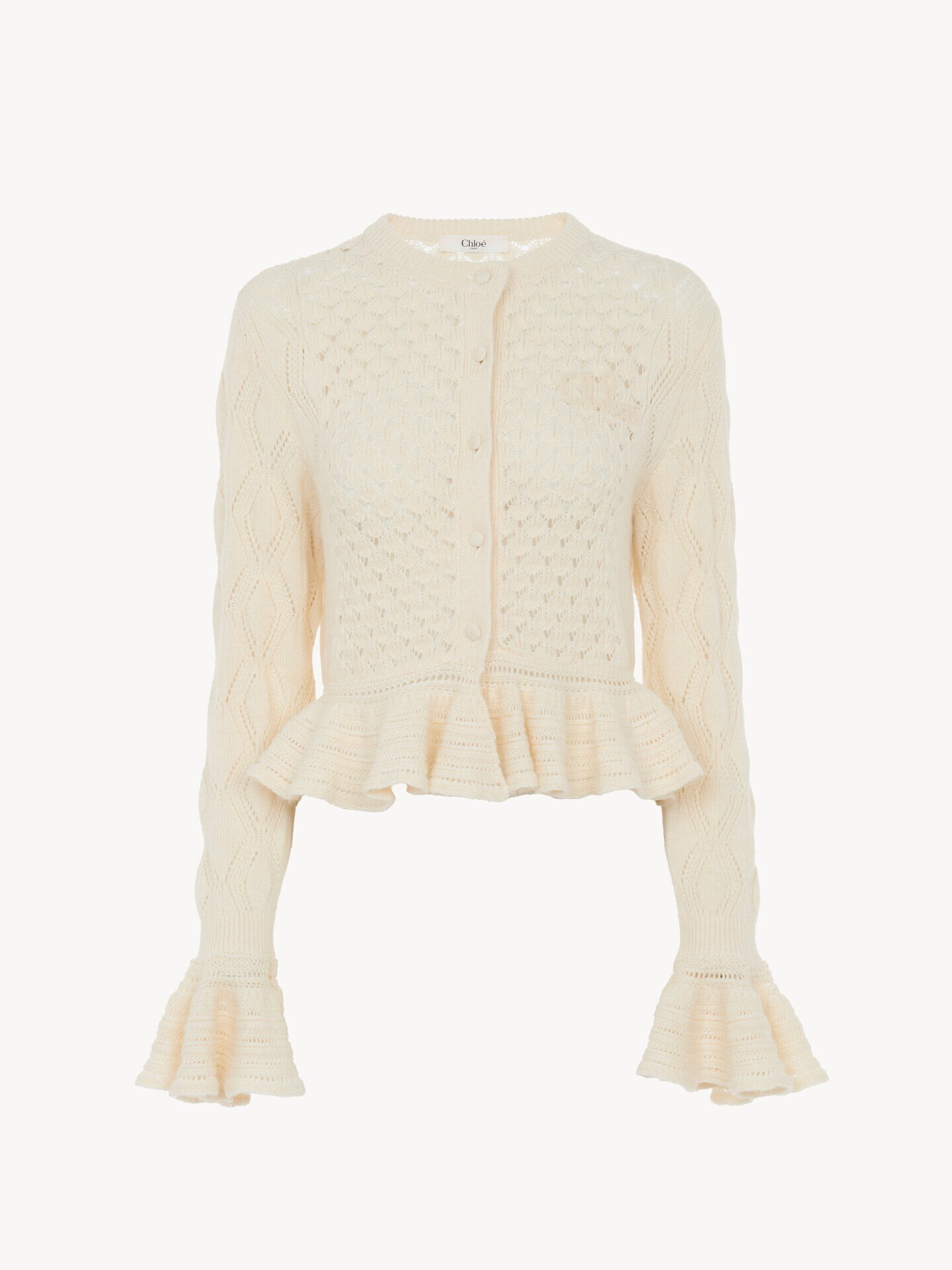 Ruffled logo cardigan in a silk, alpaca & cotton knit - 1