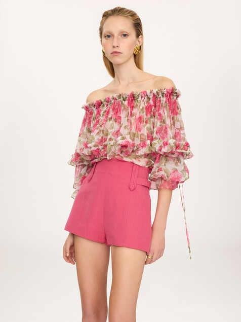 Mini short taille haute en lin et coton m&eacute;lang&eacute;s