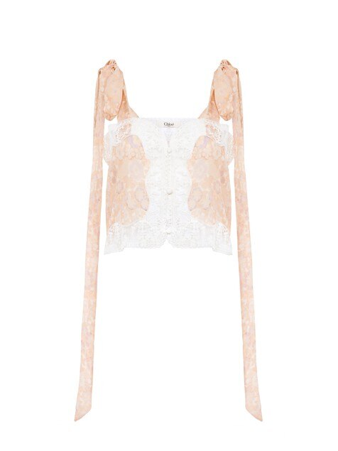 Tie-strap cropped top in silk charmeuse & lace