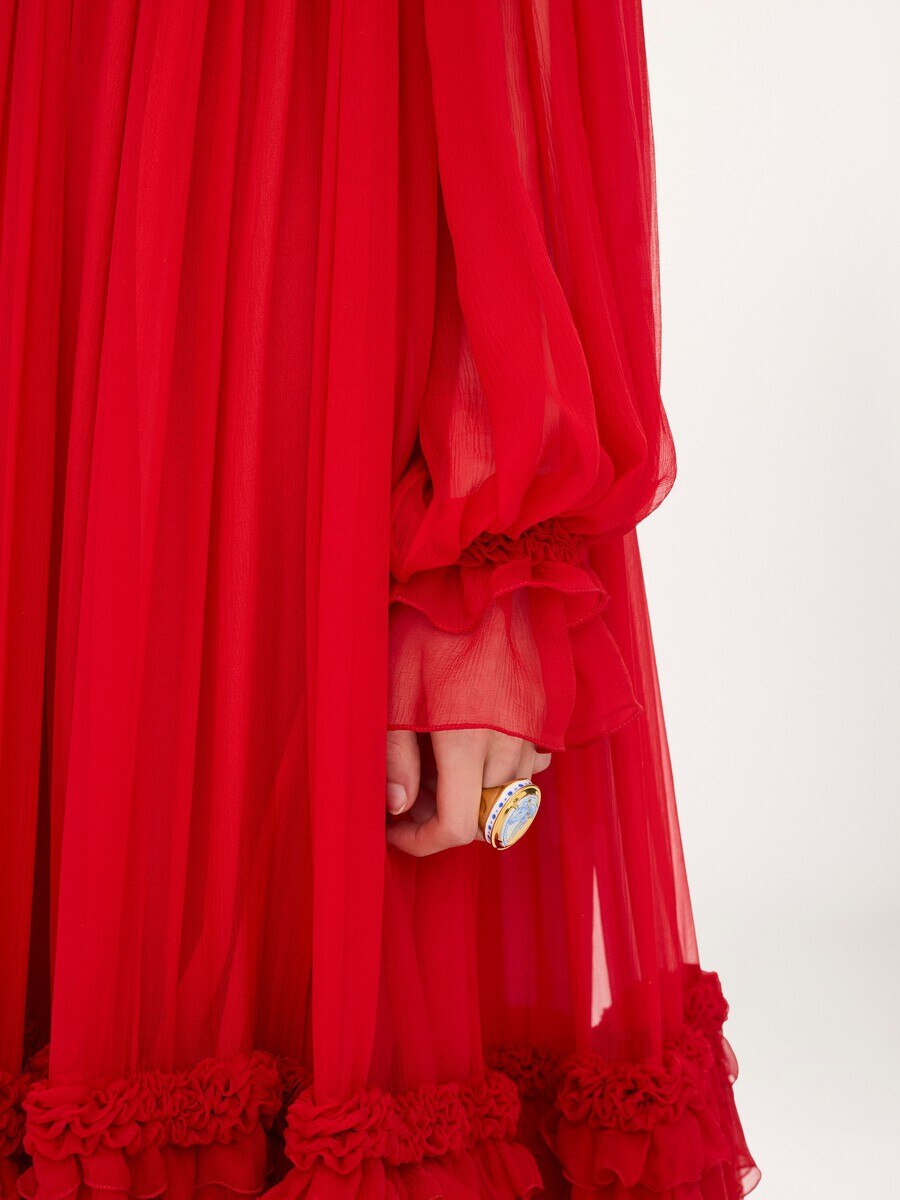 High-neck ruffled long dress in silk mousseline - 11