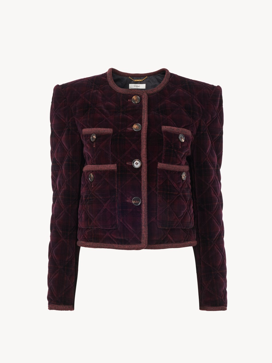 Boxy collarless jacket in check cotton