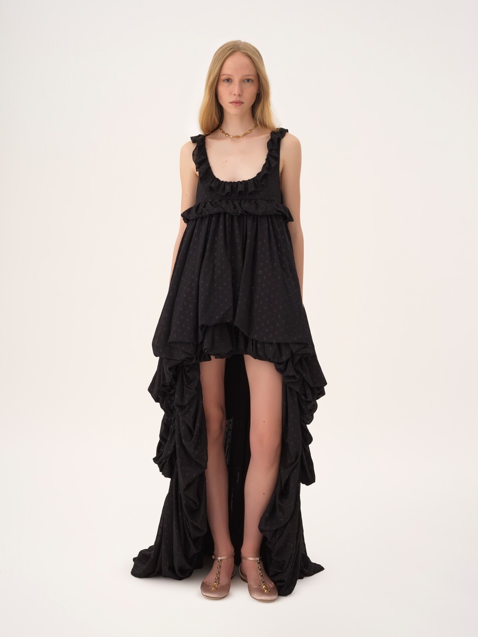 Vestido sin mangas irregular de jacquard de georgette de seda y l&uacute;rex