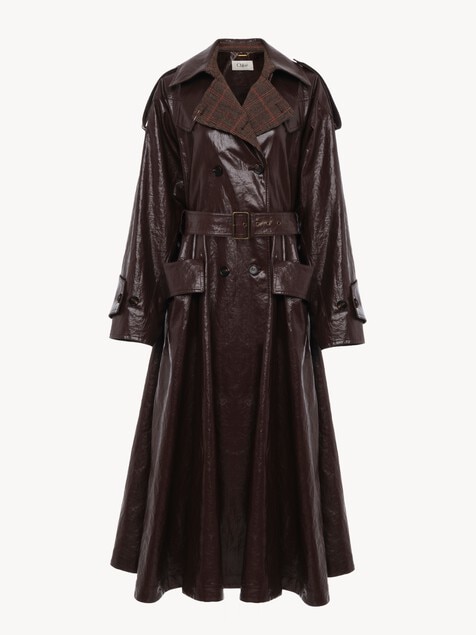 Double-breasted long riding coat in coated linen