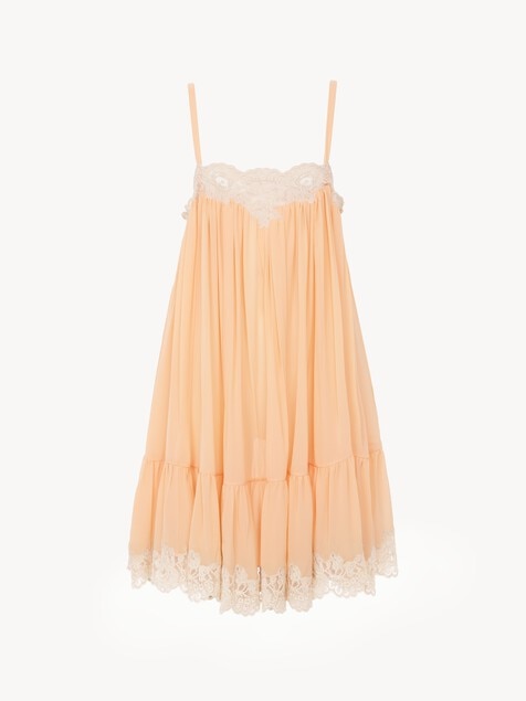 Thin-strap mini dress in silk georgette & lace