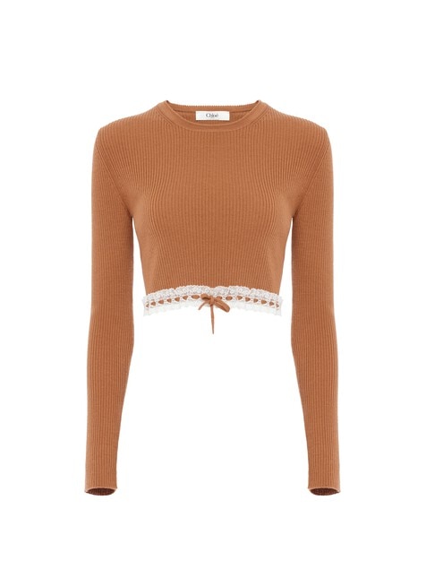 Cropped fitted jumper in a wool knit & lace