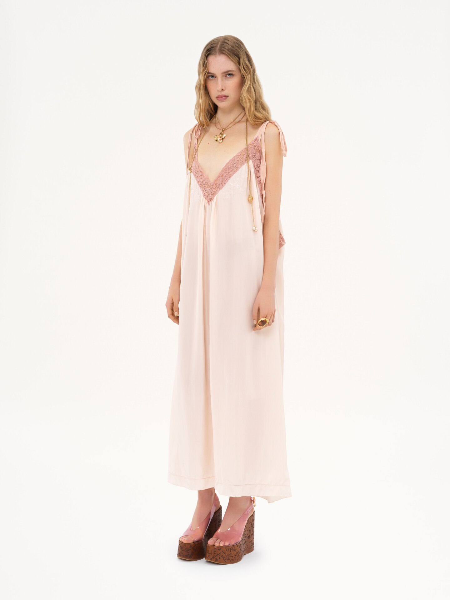 Long slip dress in silk habotai lace