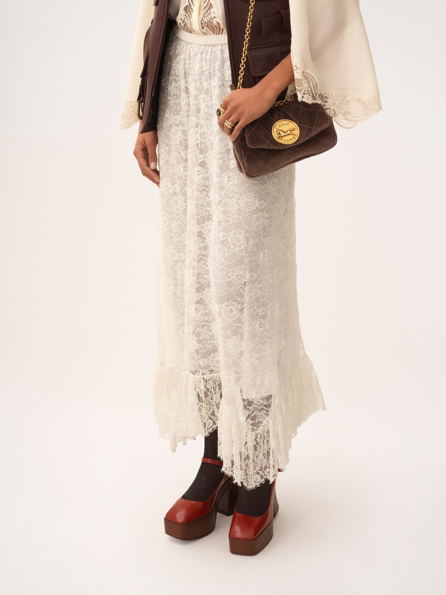 Gonna midi con volant in pizzo jacquard floreale - 4