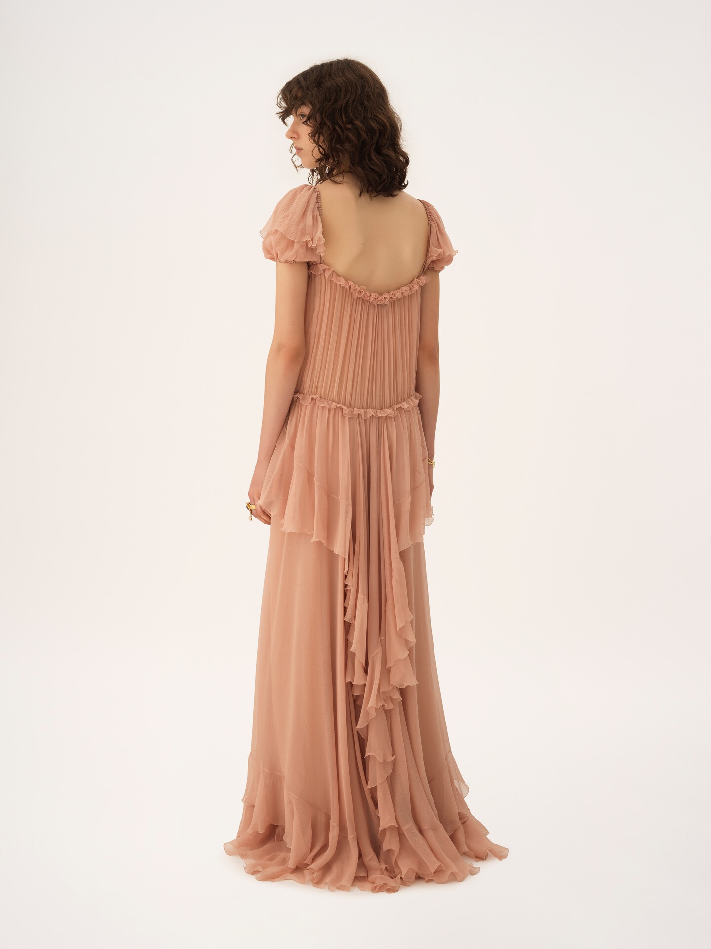 Gathered long ruffled dress in silk mousseline - 7