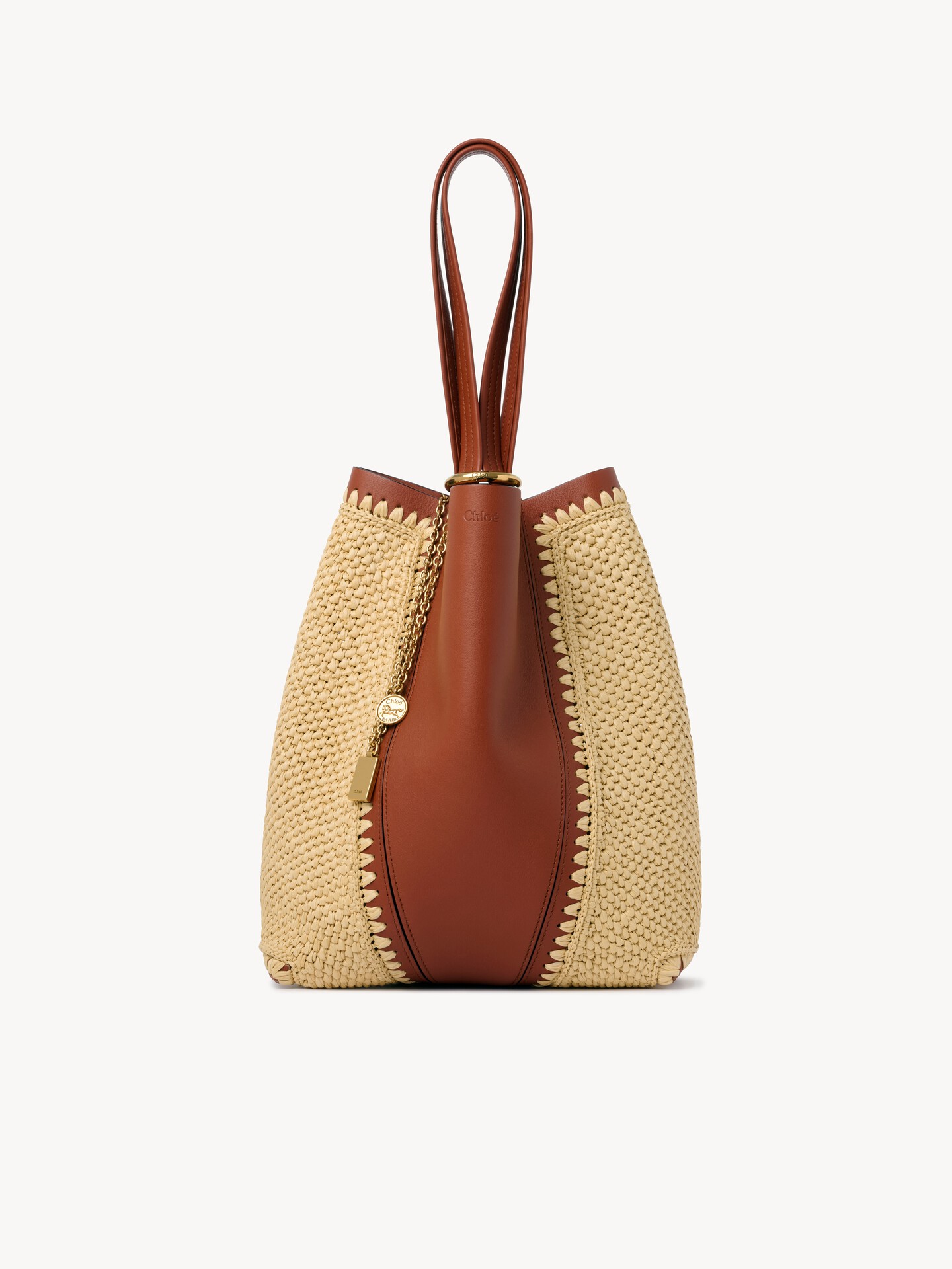 Chlo&eacute; Spin tote bag in raffia-effect & leather - 2.0