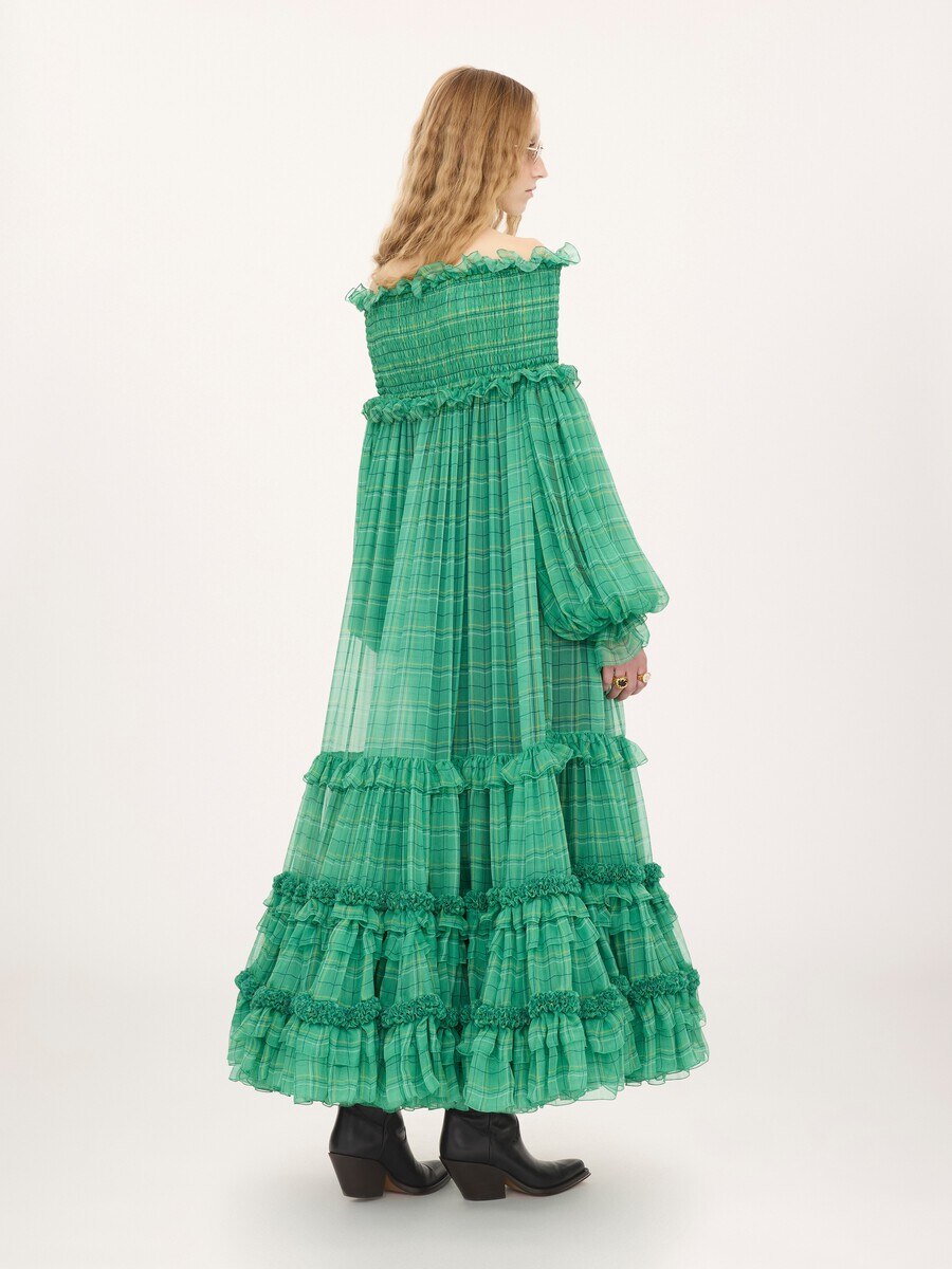 Off-the-shoulder long dress in check silk mousseline - 6