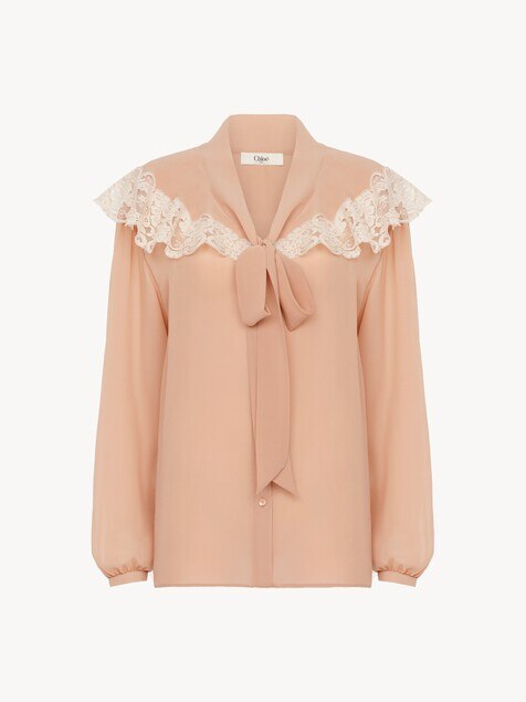 Tie-front gathered blouse in silk georgette & lace
